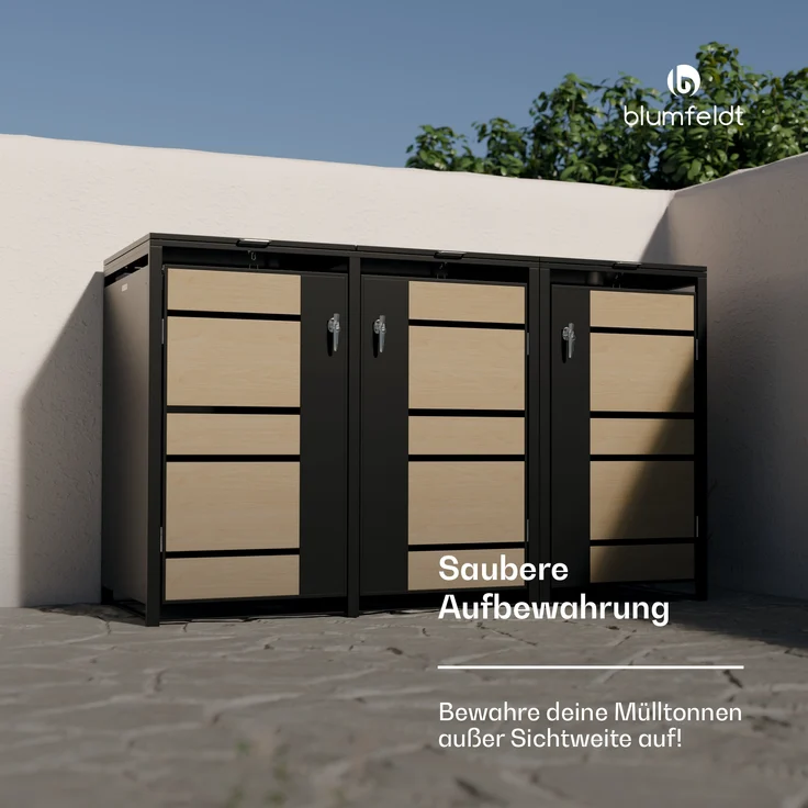 Blumfeldt BinSafe Mülltonnenbox – Wetterfest, Verzinkter Stahl, Für 60L/120L/240L, Schloss, Modernes Design, Mülltonnenverkleidung für 3 Tonnen, Ahorn & Schwarz – Bild 6