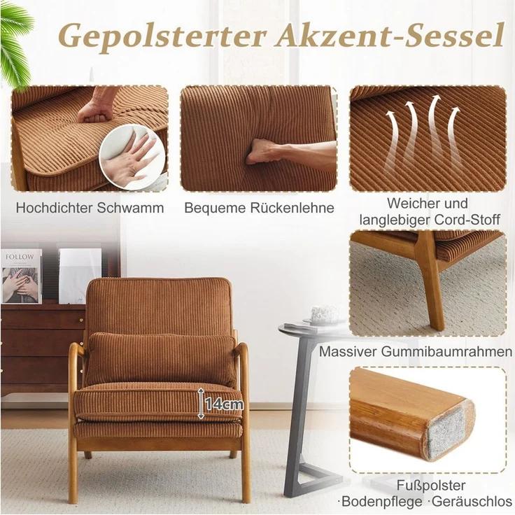 VINGLI Cocktailsessel, Moderner loungesessel, Sessel mit Massivholz, Lesesessel, bis 200 kg belastbar, Cord-Stoff – Bild 3