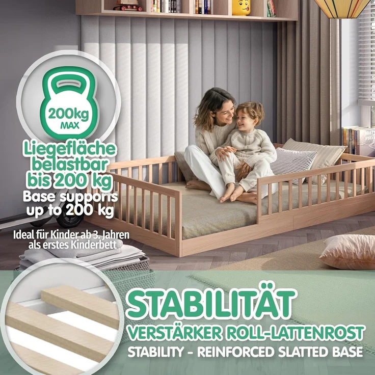 CADANI Kinderbett Timi Bodenbett bis 200 kg belastbar mit abnehmbarem Rausfallschutz (120x200 cm, Montessori Kinder- & Jugendbett aus Kiefer Massivholz), inkl. stabilem Roll-Lattenrost, Natur – Bild 4