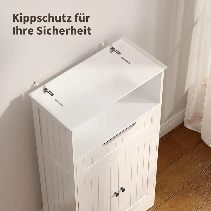 Bealife Badezimmerschrank, Badezimmer-Aufbewahrungsschränke mit großer Schublade, 2 Türen mit verstellbaren Regalen für Badezimmer, Wohnzimmer, Schlafzimmer, 108 x 60 x 30 cm, Weiß – Bild 7