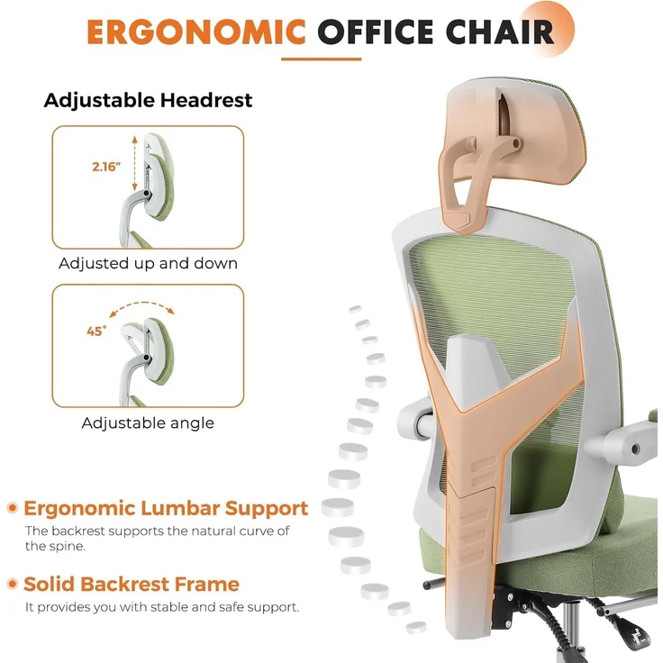 Sweetcrispy Büro-Computer-Schreibtisch Stuhl, Gaming-Stühle für Erwachsene, High-Back Mesh Rolling Swivel Reclining Stühle mit Rädern, Bequeme Lendenwirbelstütze, Bequeme Arme Grün – Bild 5
