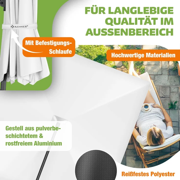 KESSER® Sonnenschirm Ampelschirm SUN XL 300 x 300 cm Inkl. Abdeckung +Windsicherung Drehbar Neigbar Kippbar Marktschirm Groß 360° Rotation, Gartenschirm mit Kurbel Sonnenschutz UV50+ Weiß, Ohne LED – Bild 3