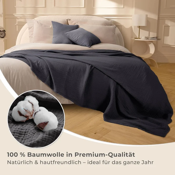 Laynenburg Tagesdecke Musselin aus 100% Baumwolle – Baumwolldecke, Kuscheldecke, Wohndecke als Sommerdecke, Bett-Überwurf, Couch-Überwurf, Sofa-Decke – Bild 4