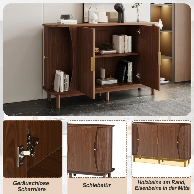 Merax Sideboard 140 x 40 x 88 cm aus MDF, Kommode mit geschwungenen Kanten, 2 Schiebetüren, Stauraumschrank, Walnuss – Bild 6