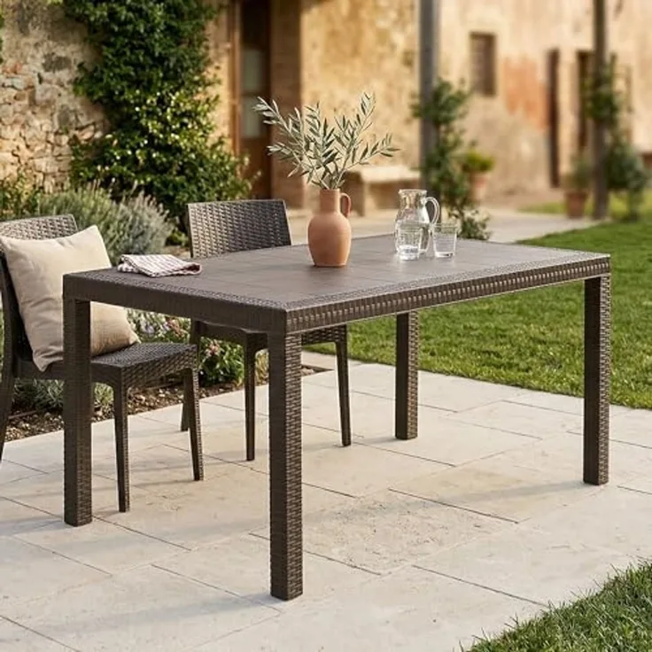 Dmora - Tisch im Freien Giove, rechteckiger GartenRegal, Mehrzweck-Gartentisch in Rattan-Optik, 100% Made in Italy, 150x90h74 cm, Braun