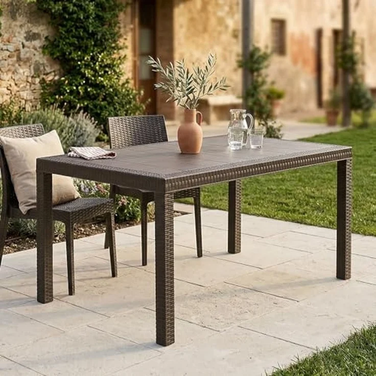 Dmora - Tisch im Freien Giove, rechteckiger GartenRegal, Mehrzweck-Gartentisch in Rattan-Optik, 100% Made in Italy, 150x90h74 cm, Braun – Bild 1