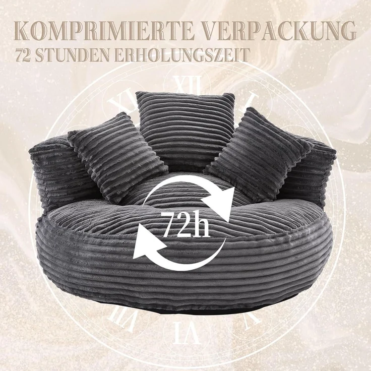 Couch Sitzsack Lounger Boneless Hoher Rücken 3 Kissen Cord Dunkelgrau – Bild 9
