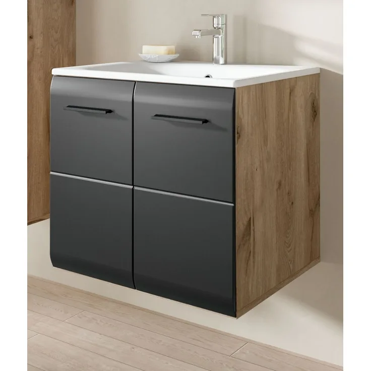 Waschtisch hängend mit Waschbecken Cover in schwarz und Eiche 60 cm