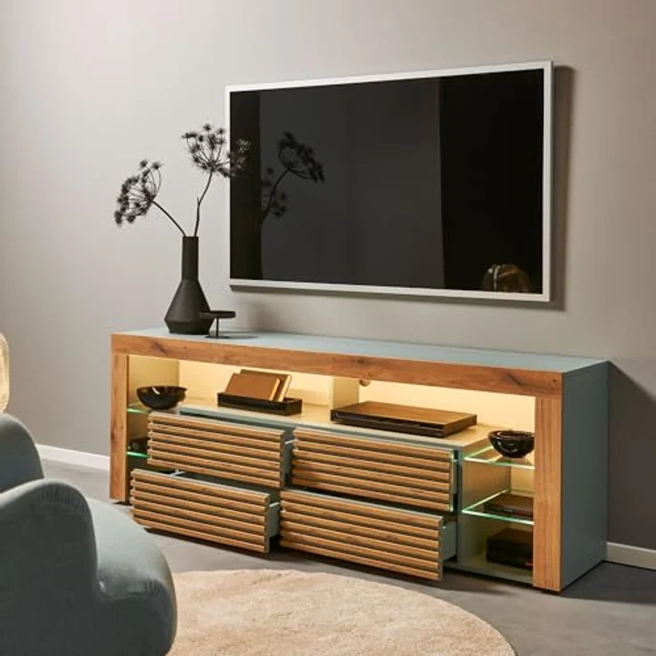 Goal 2 TV-Lowboard mit LED-Beleuchtung in Salbei, Evoke Eiche Optik - TV Schrank mit viel Stauraum für Ihr Wohnzimmer - 179 x 67 x 44 cm (B/H/T) – Bild 5