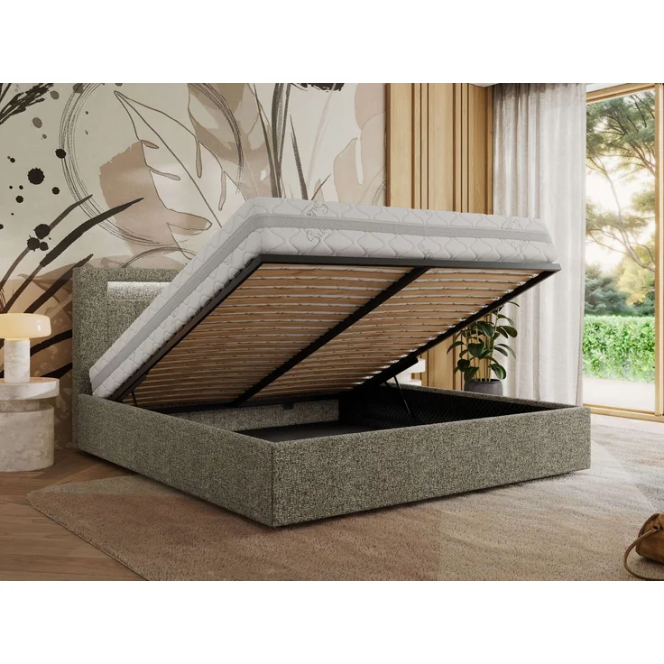 Polsterbett GOLD 5 CLASSIC 180 x 200 cm mit LED-Beleuchtung & Bettkasten, Doppelbett inkl. Lattenrost, Metall-Lift-System & Stauraum, Multipocket Matratze - Grau Struktur - ELORI LUX – Bild 3