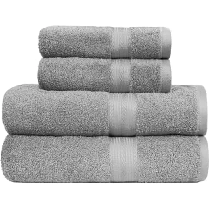 Amazon Basics Handtücher Set, 4-teilig, 100% Baumwolle, ausbleichbeständig, 2 Badetücher (140 x 70 cm) + 2 Handtücher (50 x 100 cm), Grau