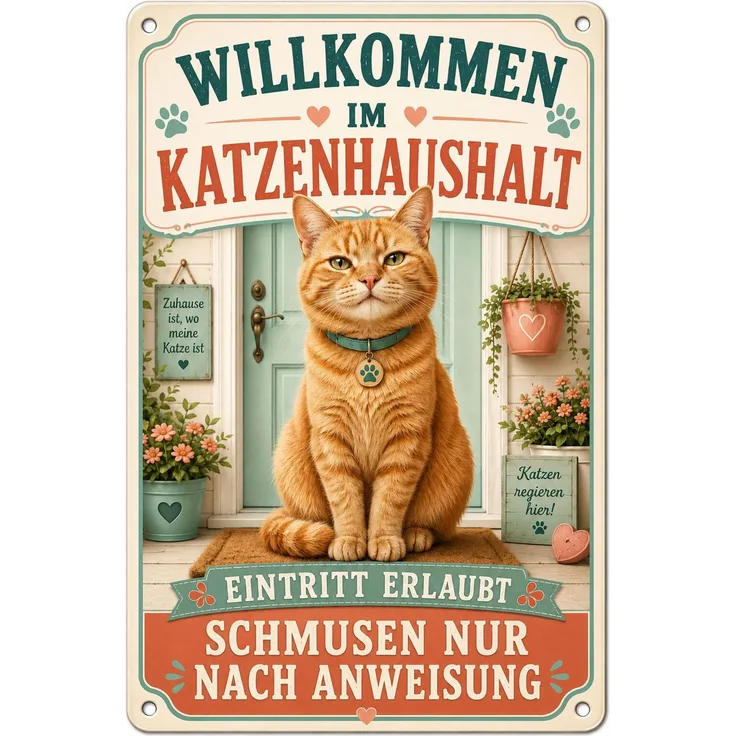 AstraDesign Blechschild 20x30cm - Katze Katzenhaushalt Dekoschild – Metall – Orange – AD0466