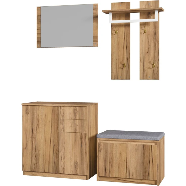 Garderoben-Set 130x35x124,5 cm in Natur, mit Spiegel, Schuhbank und LED – Bild 6