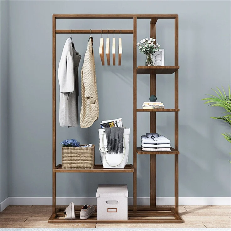 UNHO Kleiderständer Kleiderstange mit 5 Ablagen Garderobenständer Bambus Braun 101 x 41 x 171 cm – Bild 3