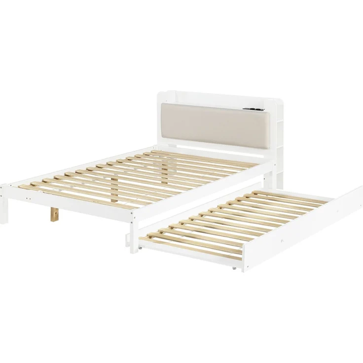 Merax Einzelbett, Funktionsbett mit Ausziehbett 90x190 cm, Holzbett mit gepolstertem Kopfteil, Kopfteilregal, Ladestation und offenem Stauraum, Weiß, 120x200 cm – Bild 9