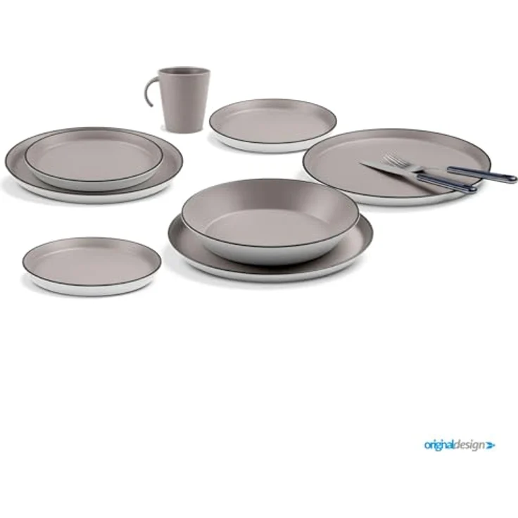 BRUNNER Iconic COMPACK Melamin Camping-Geschirr-Set 12/16-teilig für 2–4 Personen – Stapelbar, Antislip, BPA-frei, Steingutoptik – Bild 7