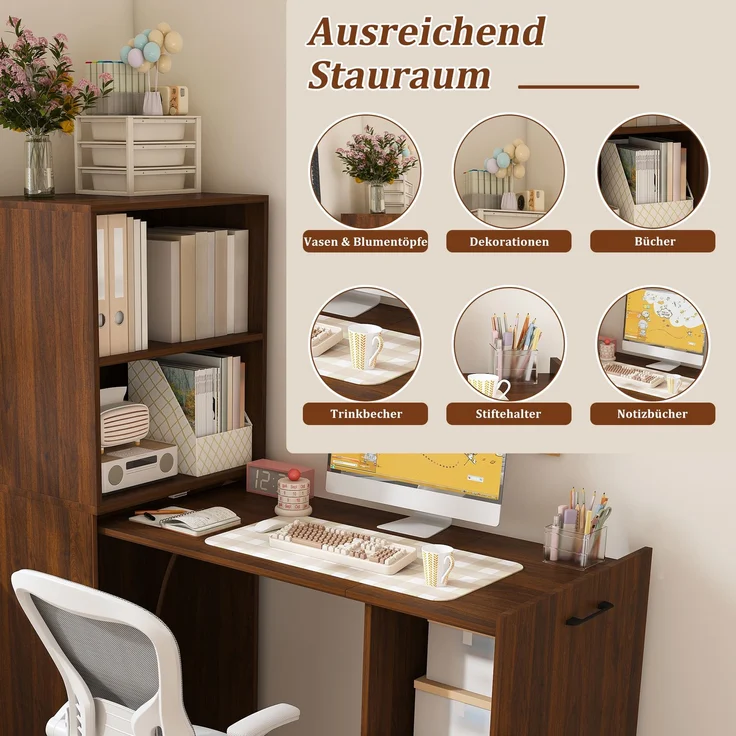 Ausziehbarer Schreibtisch mit Stauraumschrank & Kippsicherung, platzsparender Klappschreibtisch mit verstellbaren Ablagen & ausziehbarer Tischplatte für Schlafzimmer & Arbeitszimmer, dunkler Nussbaum--Nussbaum--76x55x136cm--YOUDENOVA – Bild 4