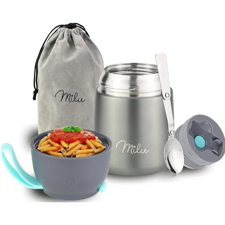 Milu Thermobehälter Essensbehälter 450ml, Warmhaltebehälter mit Löffel, Thermobecher, Edelstahl, grau – Bild 5