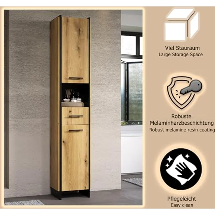 trendteam smart living - Safiya - Hochschrank - Eiche/Schwarz - Hochschrank mit 2 Türen 2 Einlegeböden 1 Schubkasten mit Vollauszug und 1 offenes Fach - (BxHxT) 37 x 190 x 31 cm – Bild 8