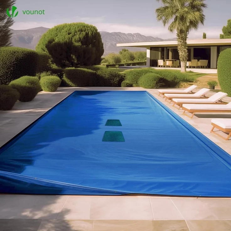 VOUNOT Poolabdeckung rechteckig, Pool Abdeckplane aus Polyethylen 160 g/m² mit Abflussnetz, Doppelte Poolplane Wasserdicht Schimmelresistent Reißfest mit Aluminiumösen 4X9m – Bild 2