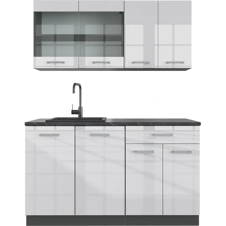 Singleküche R-Line Weiß Hochglanz/Anthrazit 140 cm ohne Arbeitsplatte Vicco