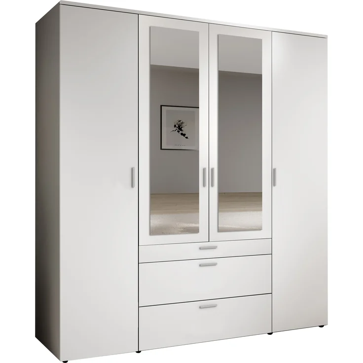 Drehtürenschrank >Vesala< 4 Türen, 3 Schübe, Weiß / Spiegel - 180x195x56cm (BxHxT) – Bild 1