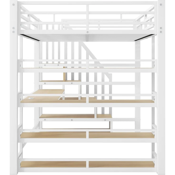 Hochbett mit RGB LED-Streifen, Schreibtisch, Lattenrost, Regal und USB, Treppe mit Regal, 140x200 cm, Kinderbett mit Rausfallschutz, Metallbett – Bild 9