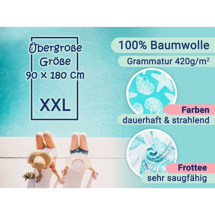 ZOLLNER Strandlaken, 100% Baumwolle, 90x180 cm, türkis mit Meerestieren – Bild 3