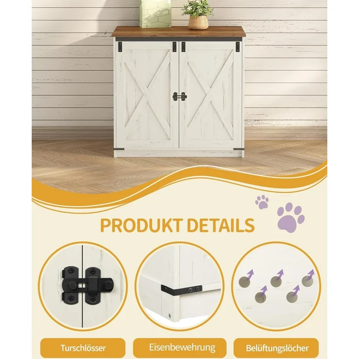 Katzenklo Schrank, Verstecktes Katzenschrank mit Stauraum, Katzenhaus mit Magnetischen, Bauernhausstil, 80 x 50 x 79,5 cm, Geeignet für Flur, Schlafzimmer, Vintagebraun-Weiß – Bild 3