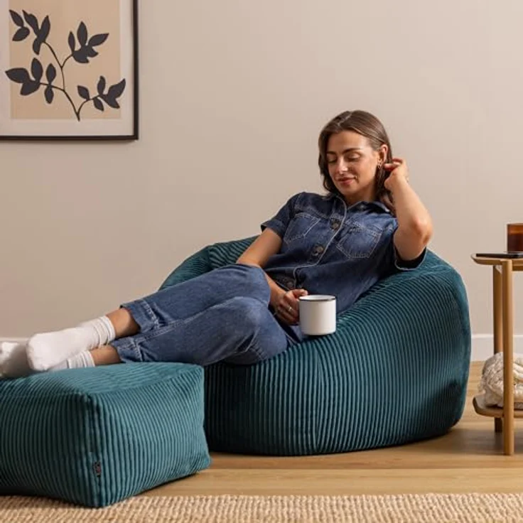 Icon Kingston XXL Sitzsack Cord mit Hocker, Blaugrün, Sitzsack Erwachsene mit Füllung, Bean Bag, Cord Sessel, Lounge Sessel, Lounge Stuhl, Schlafzimmer, Wohnzimmer, Wohnzimmer Möbel – Bild 3