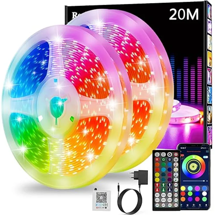 Realky LED-Streifen, 20 m, LED-Lichter, Farbwechsel, Bluetooth-App und Fernbedienung mit 44 Tasten, Synchronisierung von Musik und Timer, Dekoration LED-Streifen für Schlafzimmer, Partys (10 m x 2)