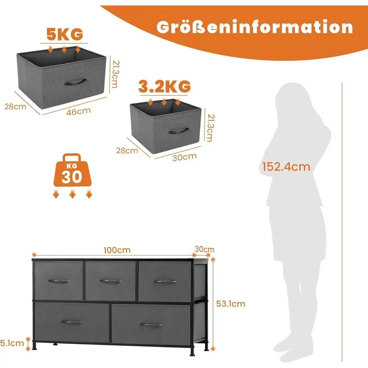 Sweetcrispy Kommode,Sideboard Wohnzimmer für Schlafzimmer mit 5 Stoffschubladen,Einstellbare Füße Schubladenschrank,Komodenschrank für Schlafzimmer,Modernes Grau – Bild 3