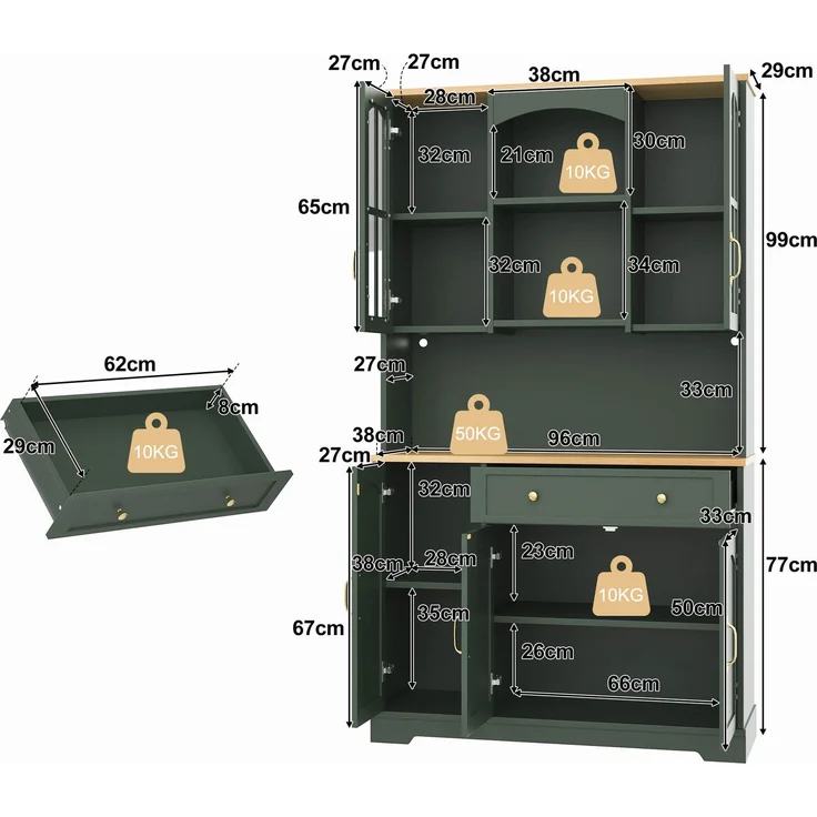 Küchenhochschrank 100 x 38 x 176 cm aus MDF in Graugrün mit Glastüren und LED-Beleuchtung – Bild 5
