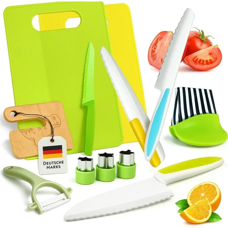 König Design Kochmesser Kinderkochmesser 17-teiliges, Kinder Küchenmesser Set Schneidebretter Messer und Ausstechformen