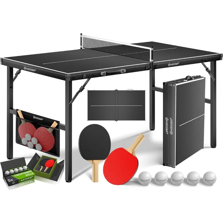 KESSER® Tischtennisplatte Mini mit Tischtennisschläger-Set, Tischtennisbällen und TT-Netz | Indoor | Unterwegs, laminierte Platte + klappbar – Kofferdesign, Kinder und Erwachsene – 153 x 76,5 cm Schwarz / Schwarz