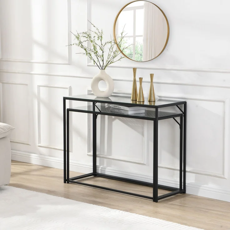 FineBuy Konsolentisch Set 2er Metall mit Glasplatte, Moderne Dekotische für Flur Wohnzimmer, Schmale Ablagetische im Industrial Design, platzsparend und ineinander schiebbar – Bild 4
