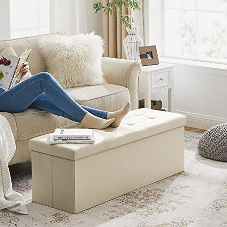 Sitzbank mit Stauraum, 110 cm, klappbare Sitztruhe, Aufbewahrungsbox, Fußbank, Beige – Bild 6