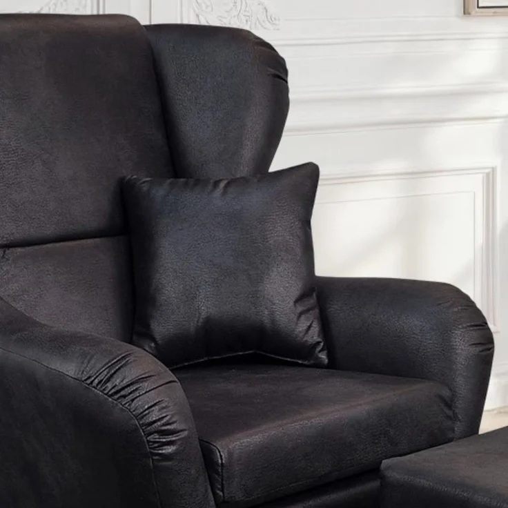 Ohrensessel mit Hocker Landhaus Polster-TV-Lesesessel Lederoptik Vintage Schwarz – Bild 5