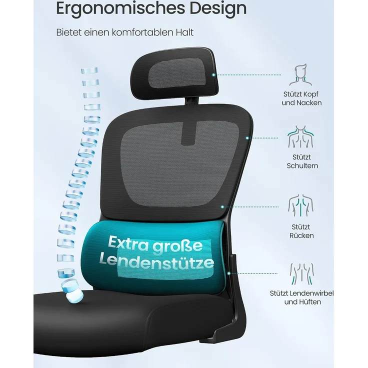 SONGMICS Bürostuhl, Schreibtischstuhl, ergonomischer Netzstuhl, mit doppellagigem Netzgewebe, atmungsaktiv, Adaptive Lendenstütze, verstellbare Kopfstütze, für Homeoffice, tintenschwarz – Bild 6
