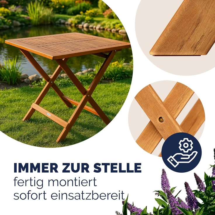 Casaria Klapptisch, klappbar, 80kg belastbar, Akazienholz natur, 70 x 70 x 73 cm – Bild 4
