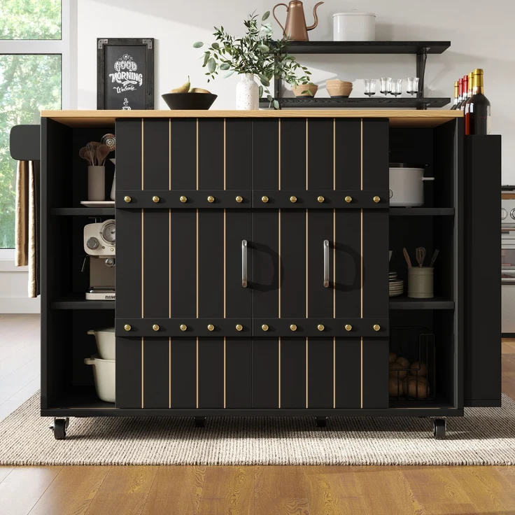 Kücheninsel 110 x 42 x 90 cm mit Schubladen, klappbarer Tischplatte & Schiebetüren – Multifunktionaler Küchenwagen – Bild 3