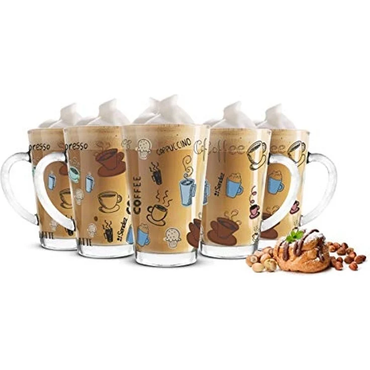 Sendez Latte-Macchiato-Glas 6 Latte Macchiato Gläser 300ml Kaffeegläser mit buntem Kaffee-Aufdruck, 6-tlg, Glas – Bild 3