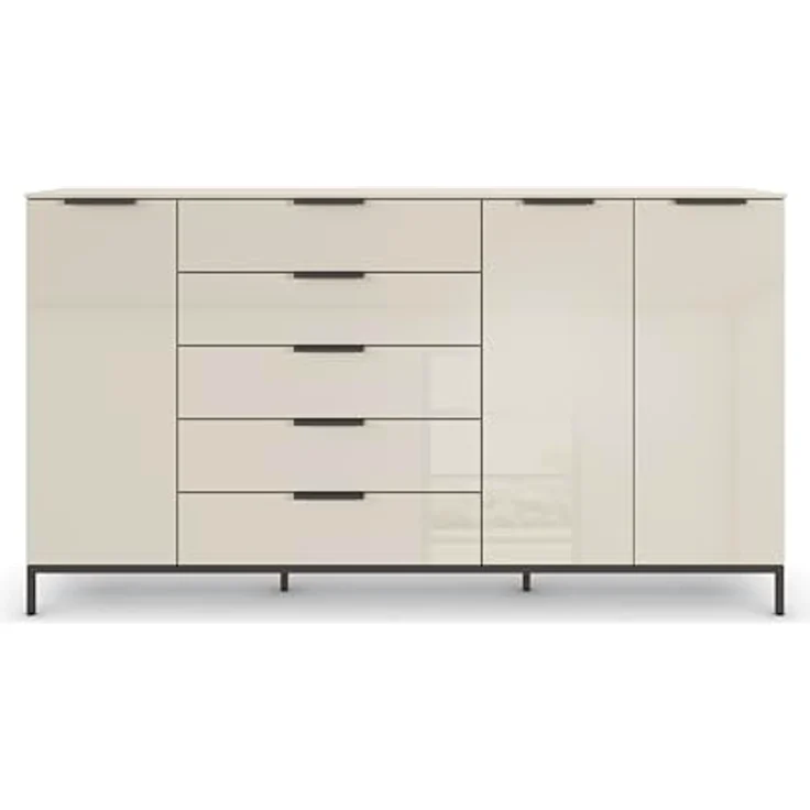 Rauch Möbel Flipp, Nachttisch für Schlafzimmer, Flur, Garderobe, 3-türig, 5 Schubladen, mit Softclose-Funktion, Griffe und Metallkufe Graphit, Farbe Glas Beige, Breite 199 cm – Bild 6