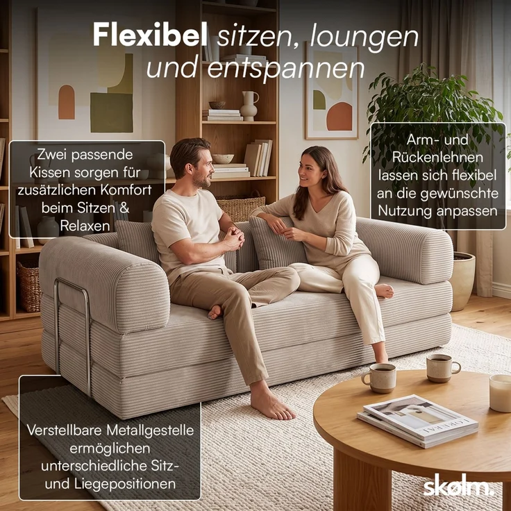 skølm 'Lofn' Modulares Sofa 2 Sitzer, 200x100 cm, Vollschaumcouch mit Metallgestell, Cord taupe, Schlafsofa vakuumverpackt, kein Aufbau erforderlich – Bild 4