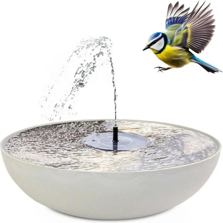 matches21 HOME & HOBBY Blumentopf Solarbrunnen Set für draußen 45 cm Vintage Deko-Schale hell-grau (1 St), Solar Springbrunnen als Gartendeko Balkon-Deko Vogeltränke Vogelbad
