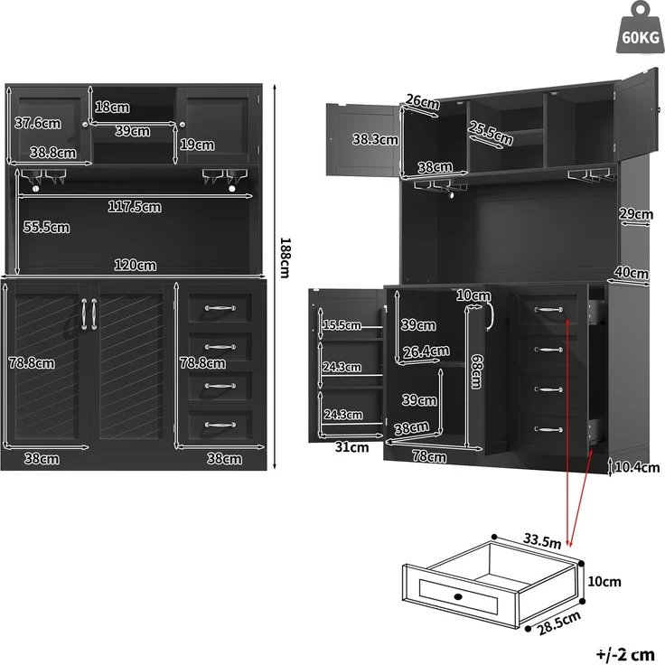 EINHOM Seitenboard / Aufbewahrungsschrank / Küchenschrank / Buffetschrank, 120 x 40 x 188 cm, mit LED-Beleuchtung, Snackregal & Getränkehaltern, 4 Türen & 2 große Schubladen, Grün/Schwarz/Weiß, Schwarz – Bild 2
