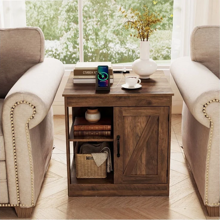 COSTWAY Beistelltisch, Nachttisch mit Ladefunktion, verstellbarem Regal Holz – Bild 1