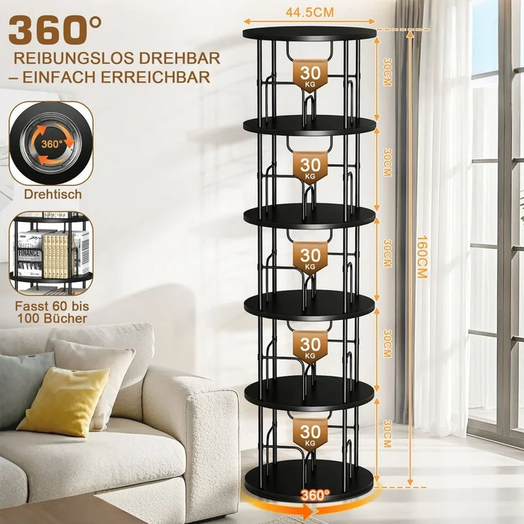 XERSEK Bücherregal 5 Ebenen 360° Drehbares Bookshelf Bodenstehendes Bücherschrank, 1.6m Aufbewahrungsregal Eckregal Spielzeugregal, für Kinderzimmer Wohnzimmer Schlafzimmer Büro Aufbewahrung – Bild 2