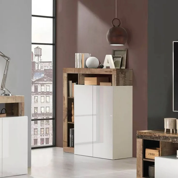 Dmora Kommode Smeraldo, Wohnzimmerbuffet, Wohnzimmer-Sideboard, Moderne Küchen-Speisekammer, Made in Italy, 108x42 h127 cm, Glänzendes Weiß und Akazie – Bild 5