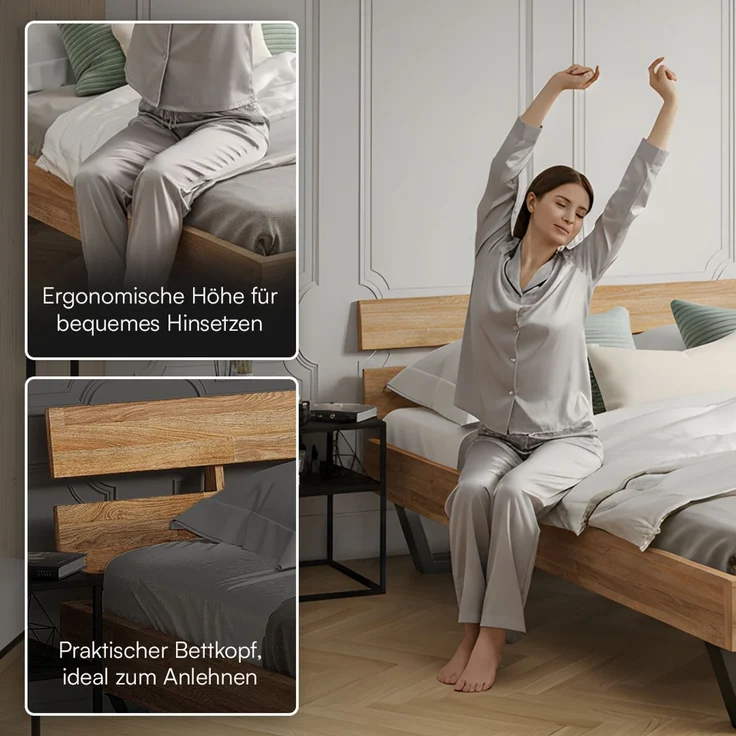 skølm 'Alver' Bett 140x200 cm, Bettgestell, natur geölt, Massivholzbett aus Eiche mit Metallkufen, Doppelbett mit Streben Bettkopf – Bild 4